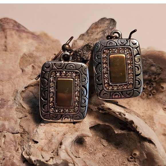 Brighton Rectangle Drop Earrings Silver Gold Tone Crystal Swirl Filigree - Picture 4 of 5